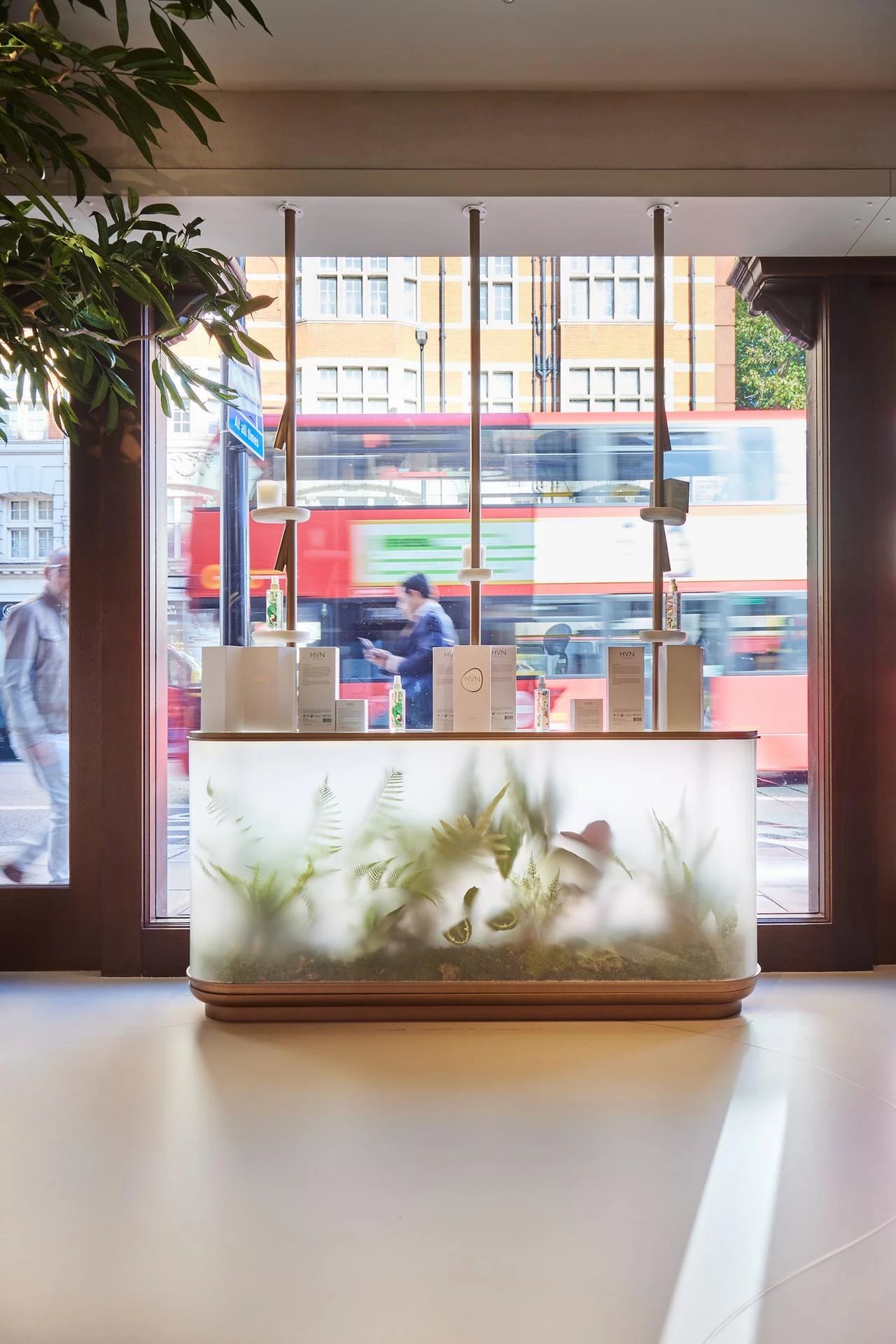 HVN Knightsbridge window terrarium seen from inside the store by SheridanCX, product line-up above a planted case with a London bus passing