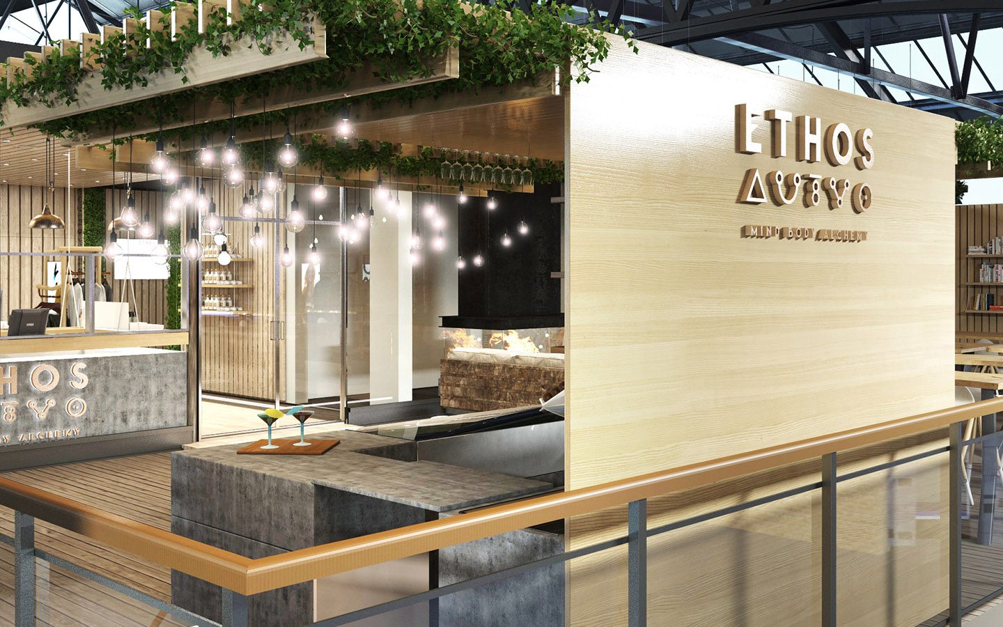 Ethos hot yoga studio branding and retail design, London