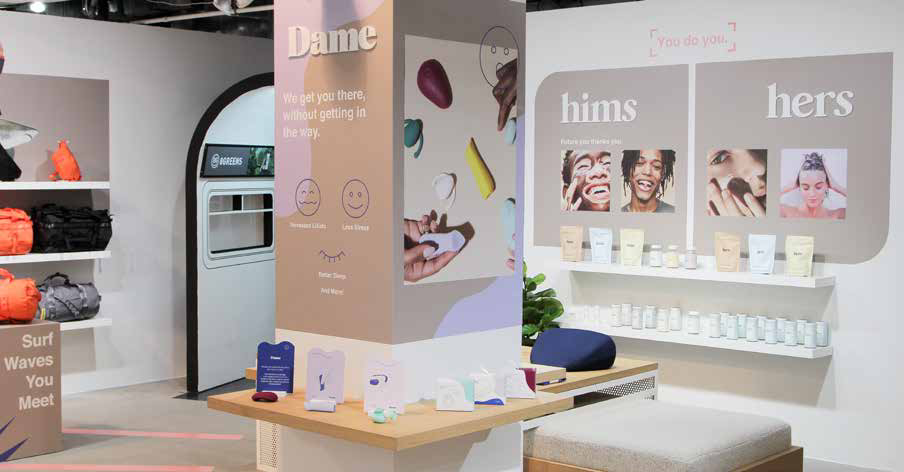 Dame, hims and hers brand walls with modular shelving inside A Day Well Spent, Naked Retail SoHo by SheridanCX