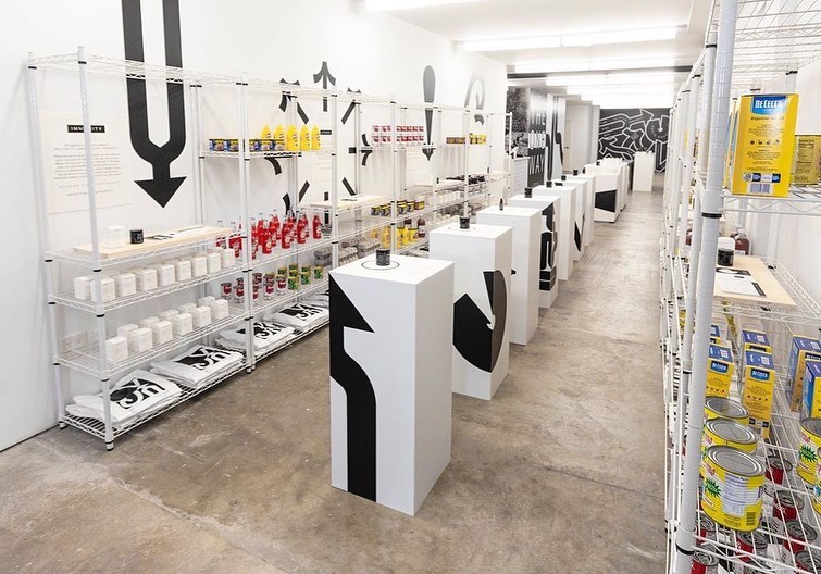 The Nue Co One Stop Shop pop-up interior with wire shelving and graphic plinths, SoHo New York, by SheridanCX