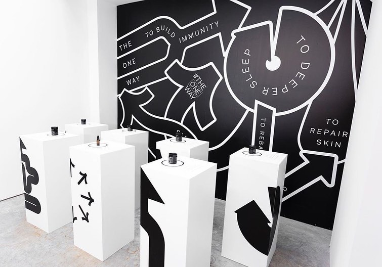 The Nue Co The One Way graphic wall and product plinths, SoHo New York, by SheridanCX