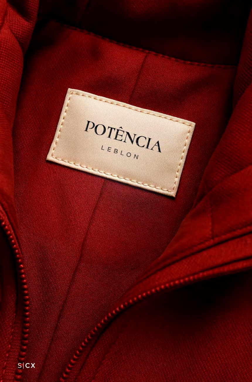 Woven garment label reading Potência Leblon on a red jacket