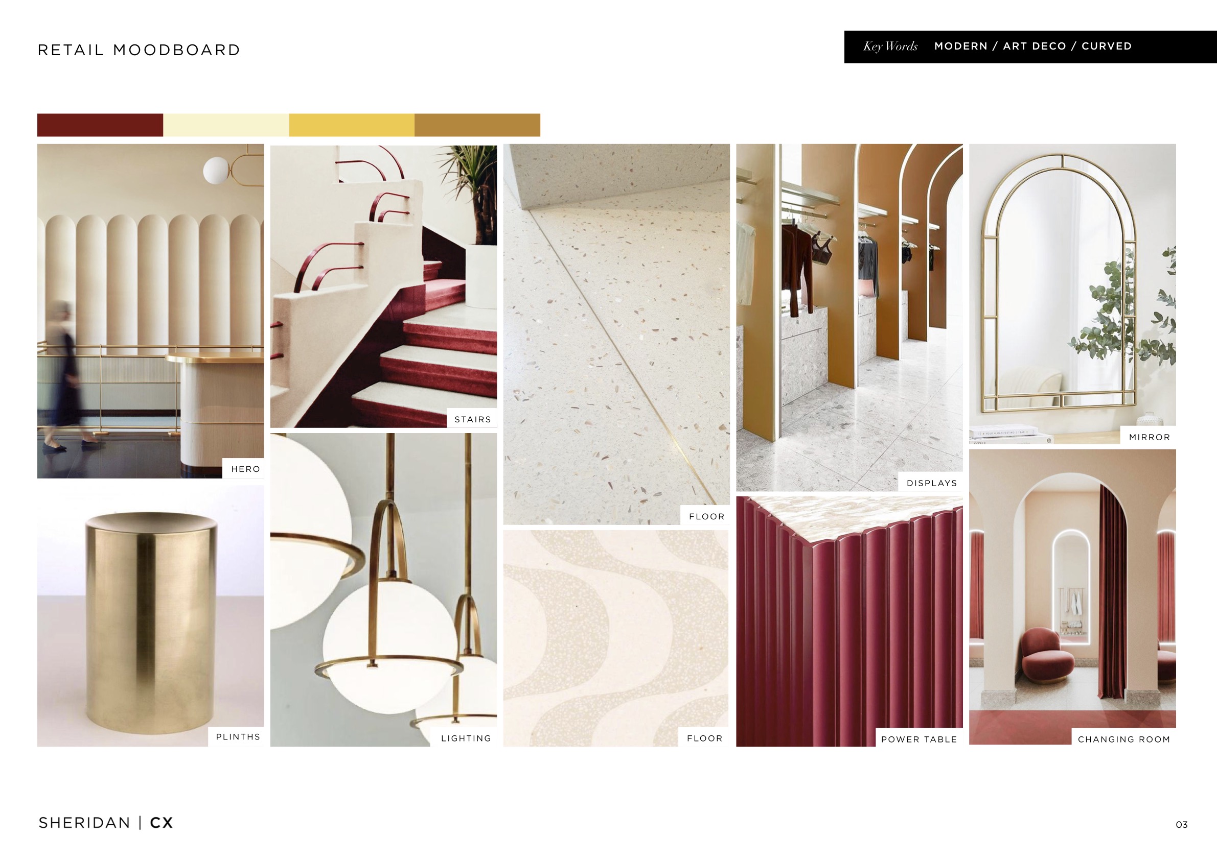 Potência Leblon retail moodboard: modern Art Deco, curved forms, terrazzo and brushed gold