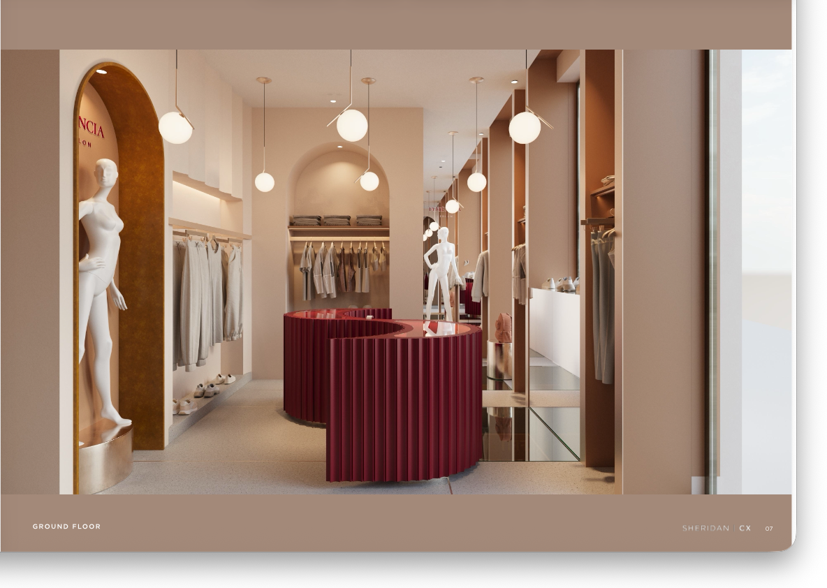 Potência Leblon ground floor with curved red jewellery table and arched display niches