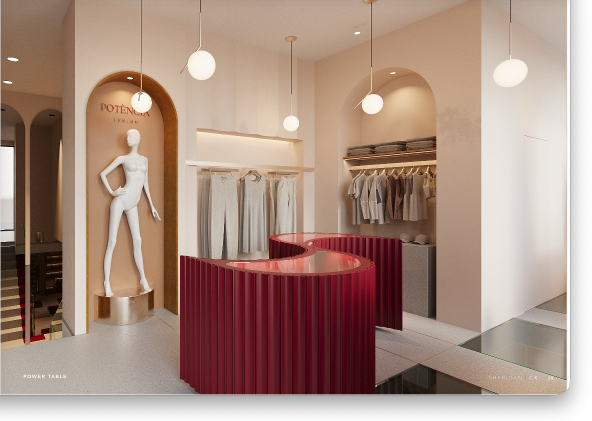 Potência Leblon store concept by SheridanCX, curved powder-coated red display and arched niches