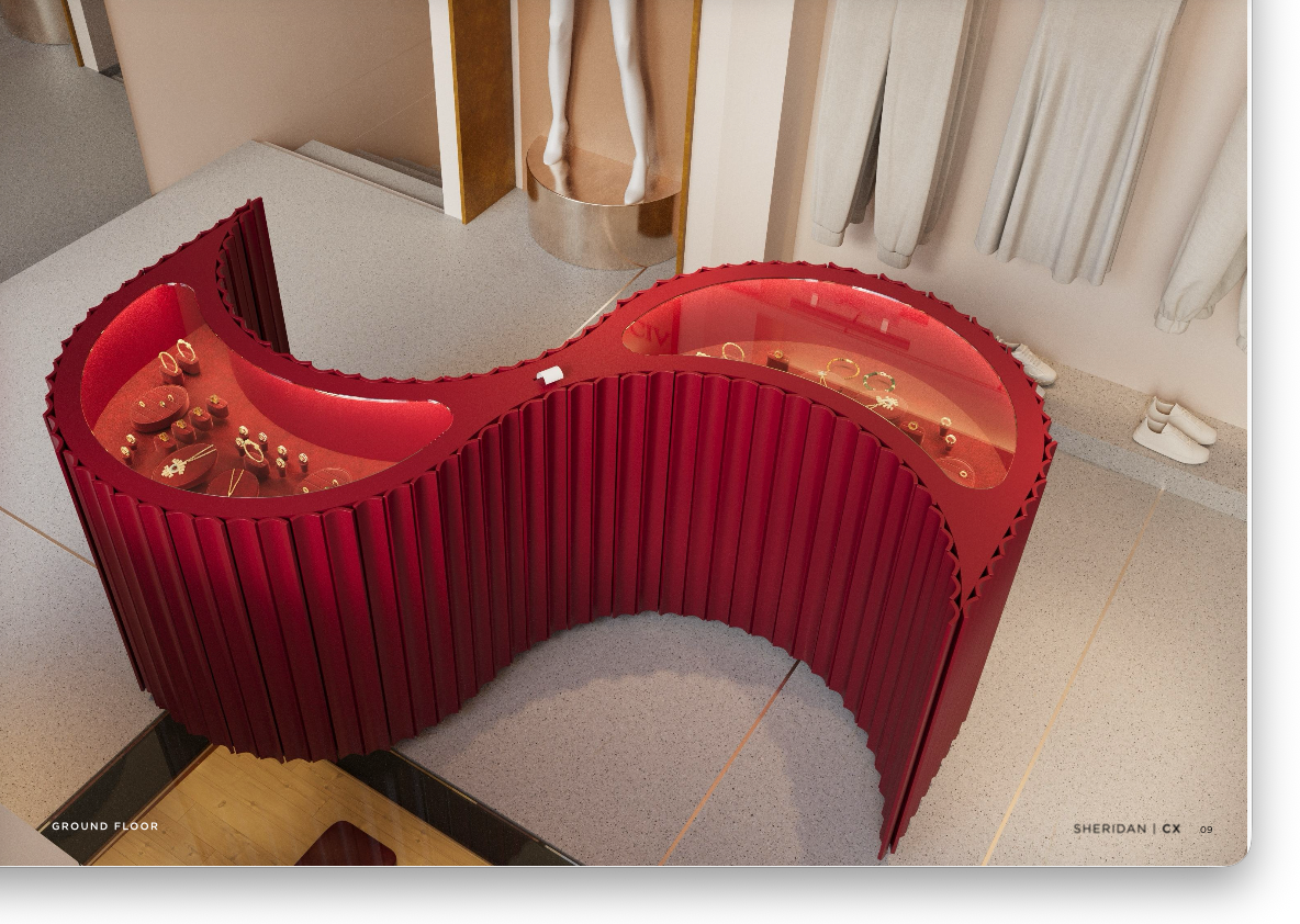 Curved powder-coated red power table with fine jewellery display, Potência Leblon