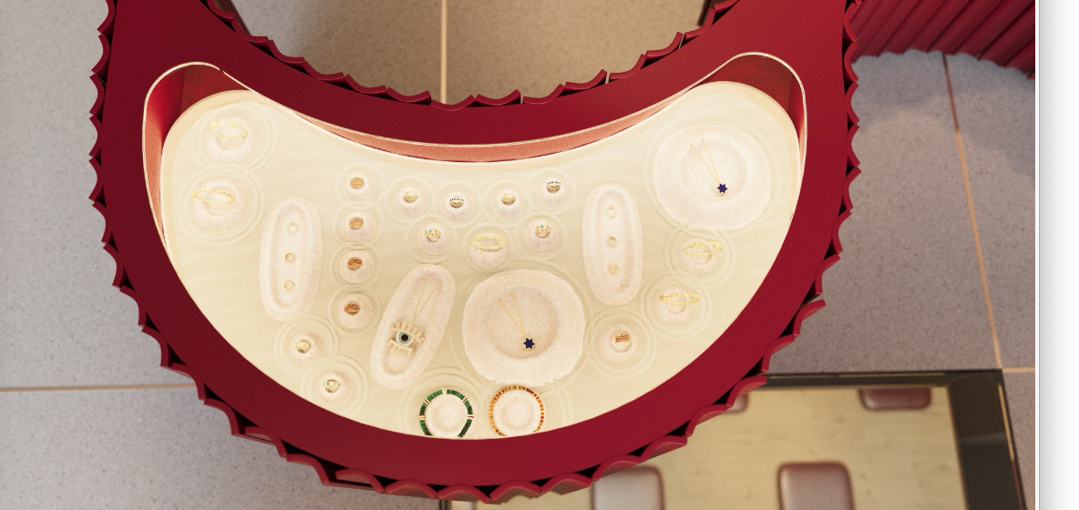 Fine jewellery cabinet detail inside the red power table