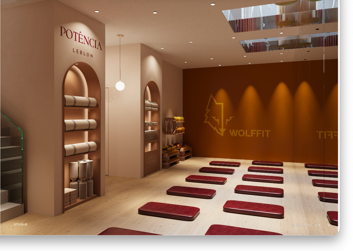 Potência Leblon Wolffit Pilates studio with red mats and arched gold-lit niches