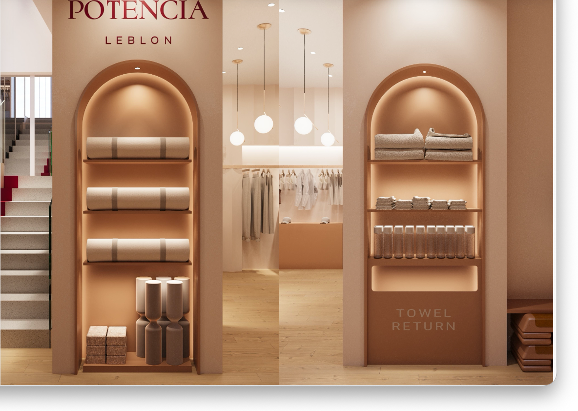 Arched Potência Leblon shelving in warm plaster with towel return niche