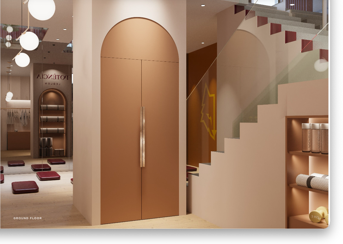 Understairs storage and arched doorway in the Potência Leblon studio