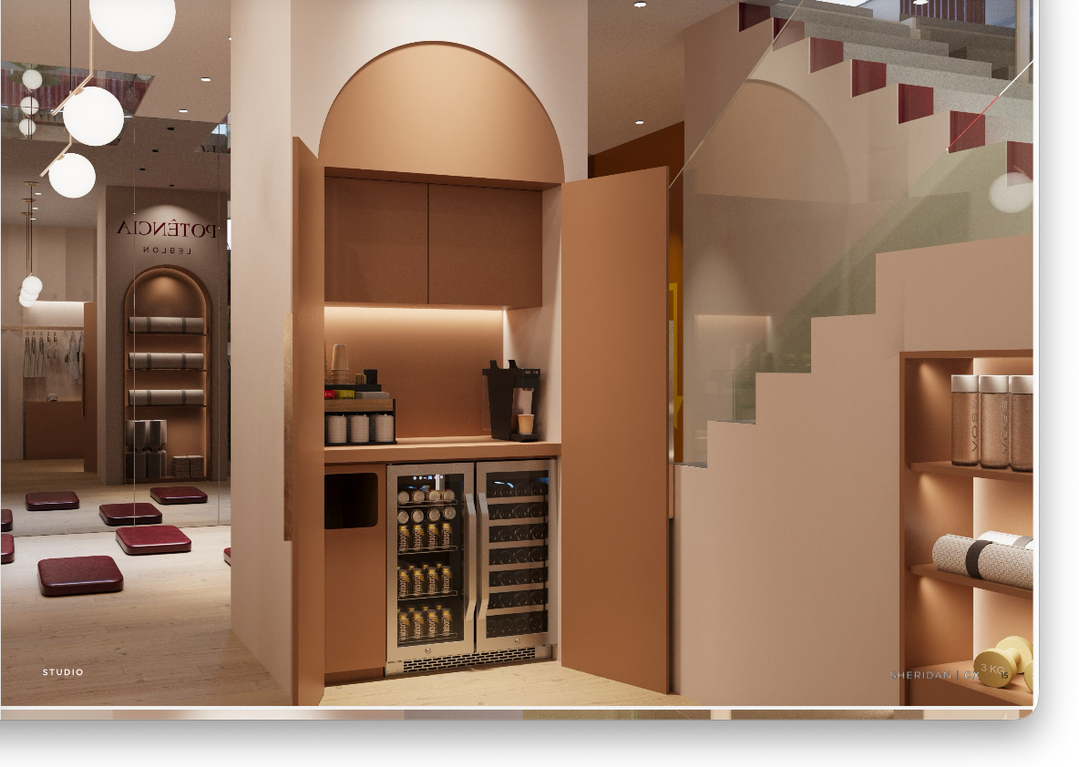 Café and refreshment bar tucked beneath the staircase at Potência Leblon