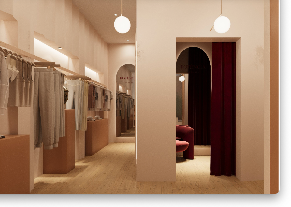 Fitting room corridor with red velvet curtains at Potência Leblon
