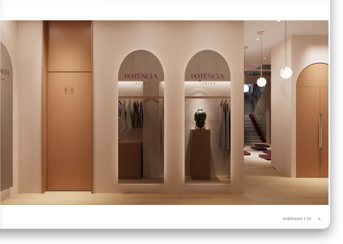 Activewear rails and sculptural display plinths in the Potência Leblon store