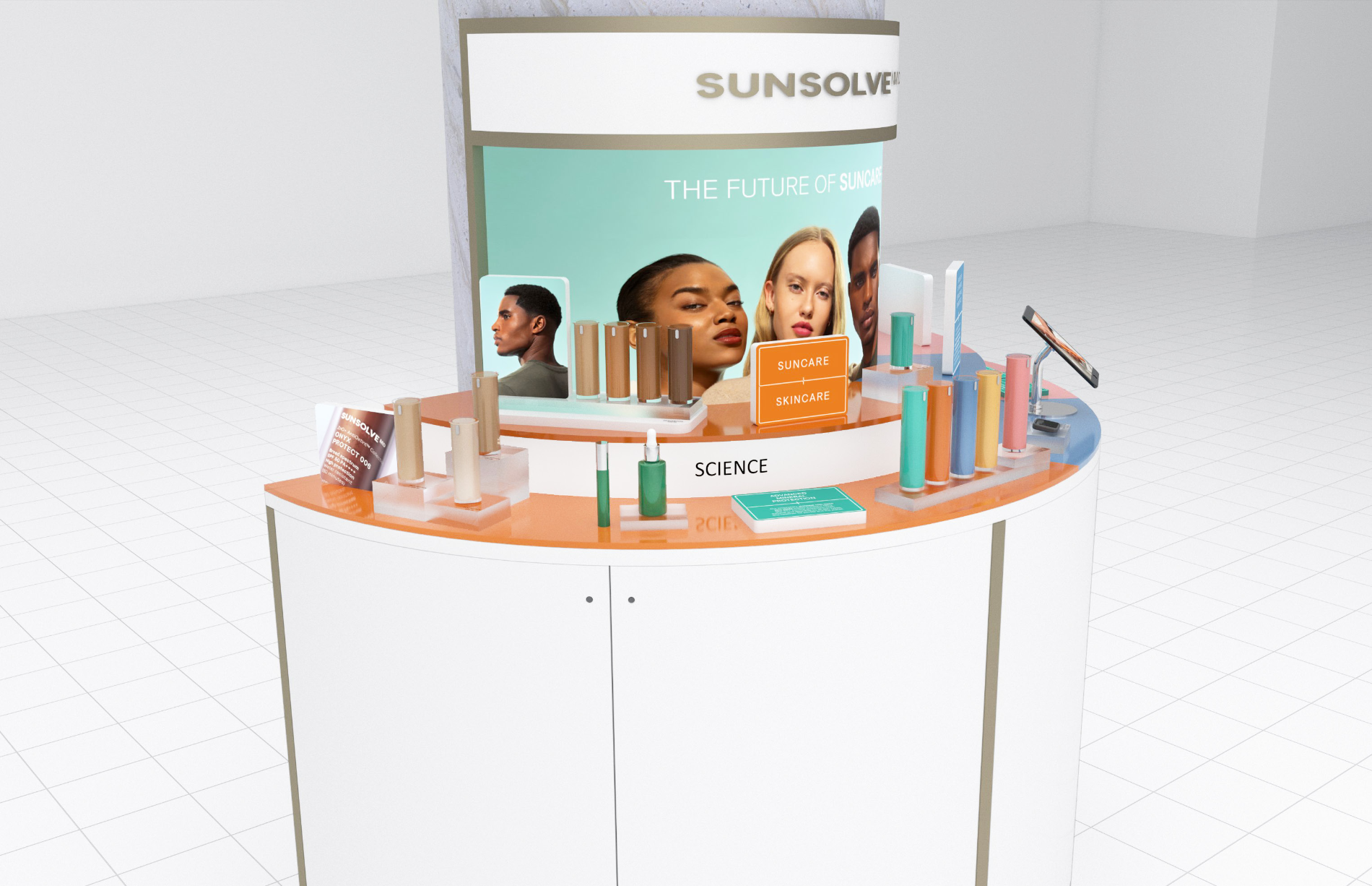 Concept one in the round, campaign imagery and colour-blocked merchandising