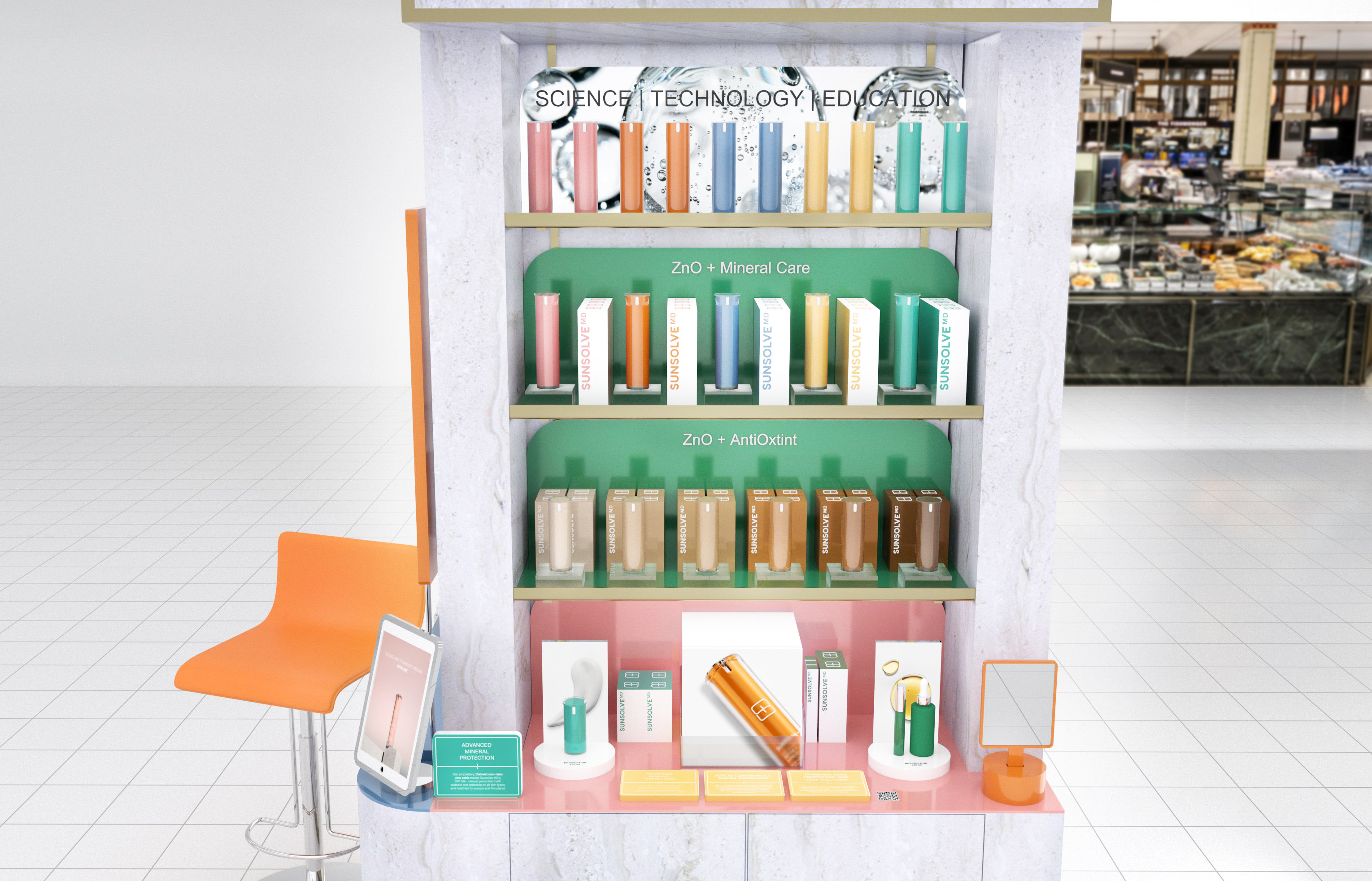 SunSolve MD Harrods fixture, merchandised front with consultation stool
