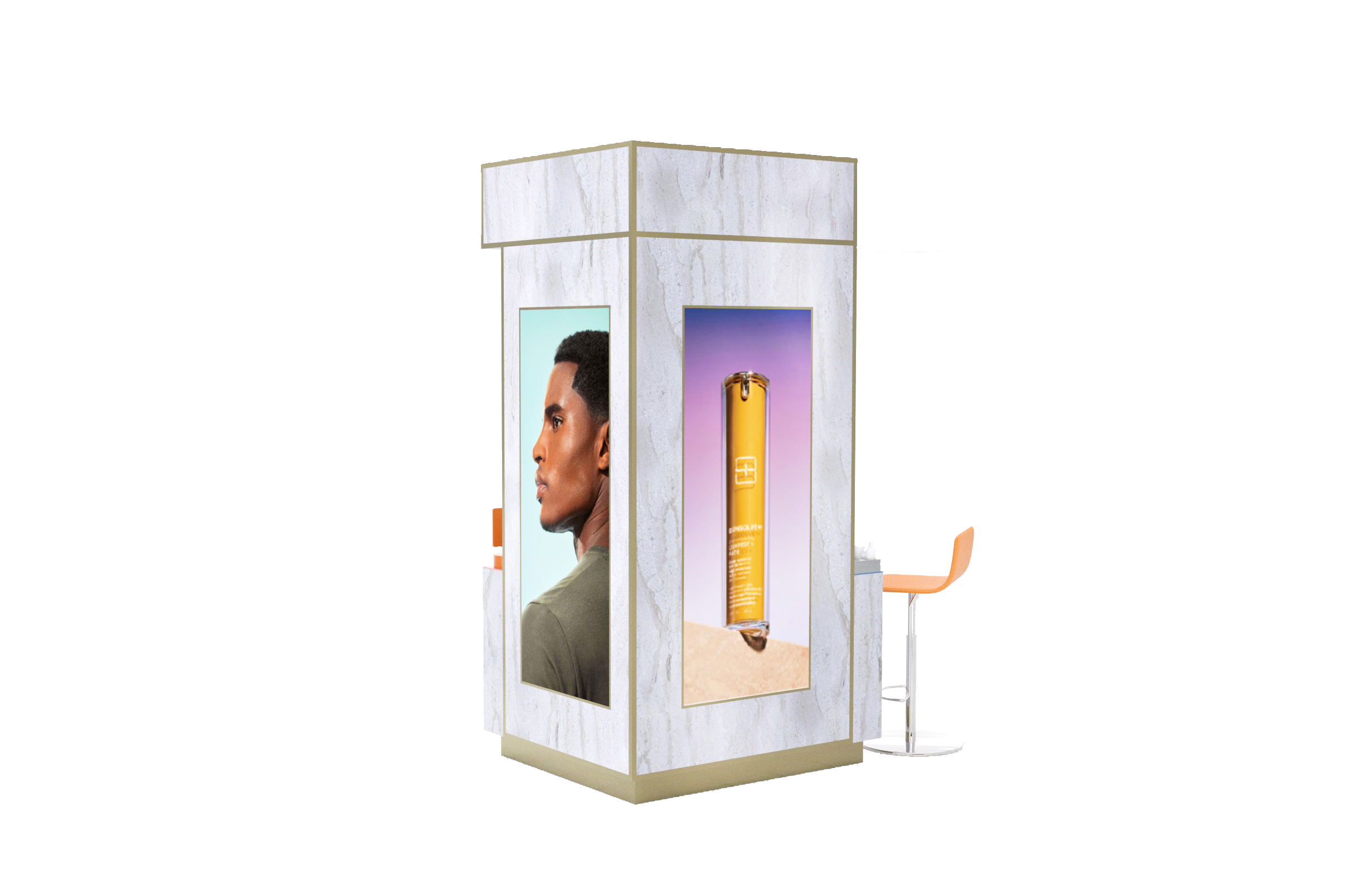 Fixture flank with product-hero digital screen