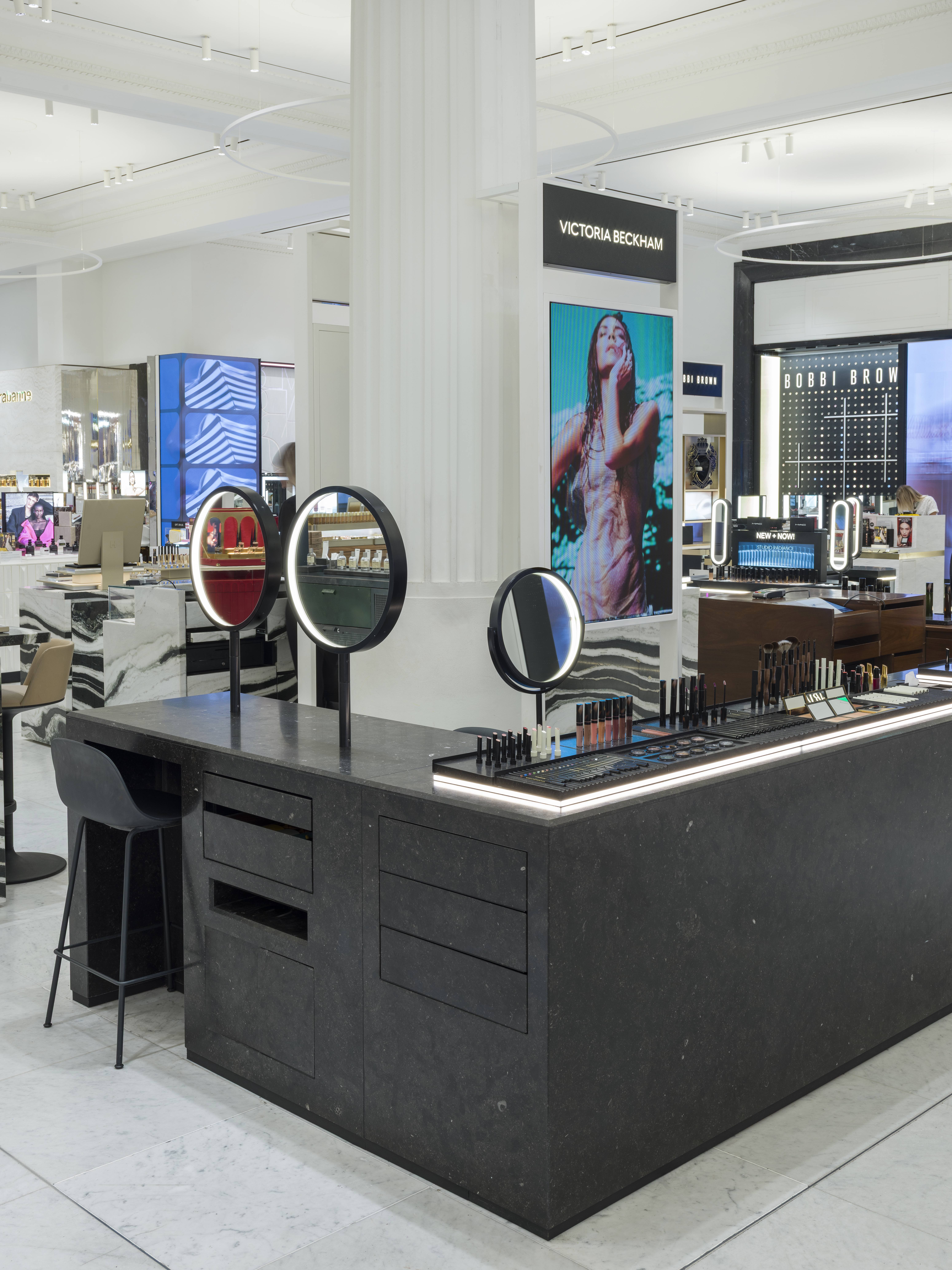 Victoria Beckham Beauty make-up and brush detail with lit display, Selfridges London, by SheridanCX
