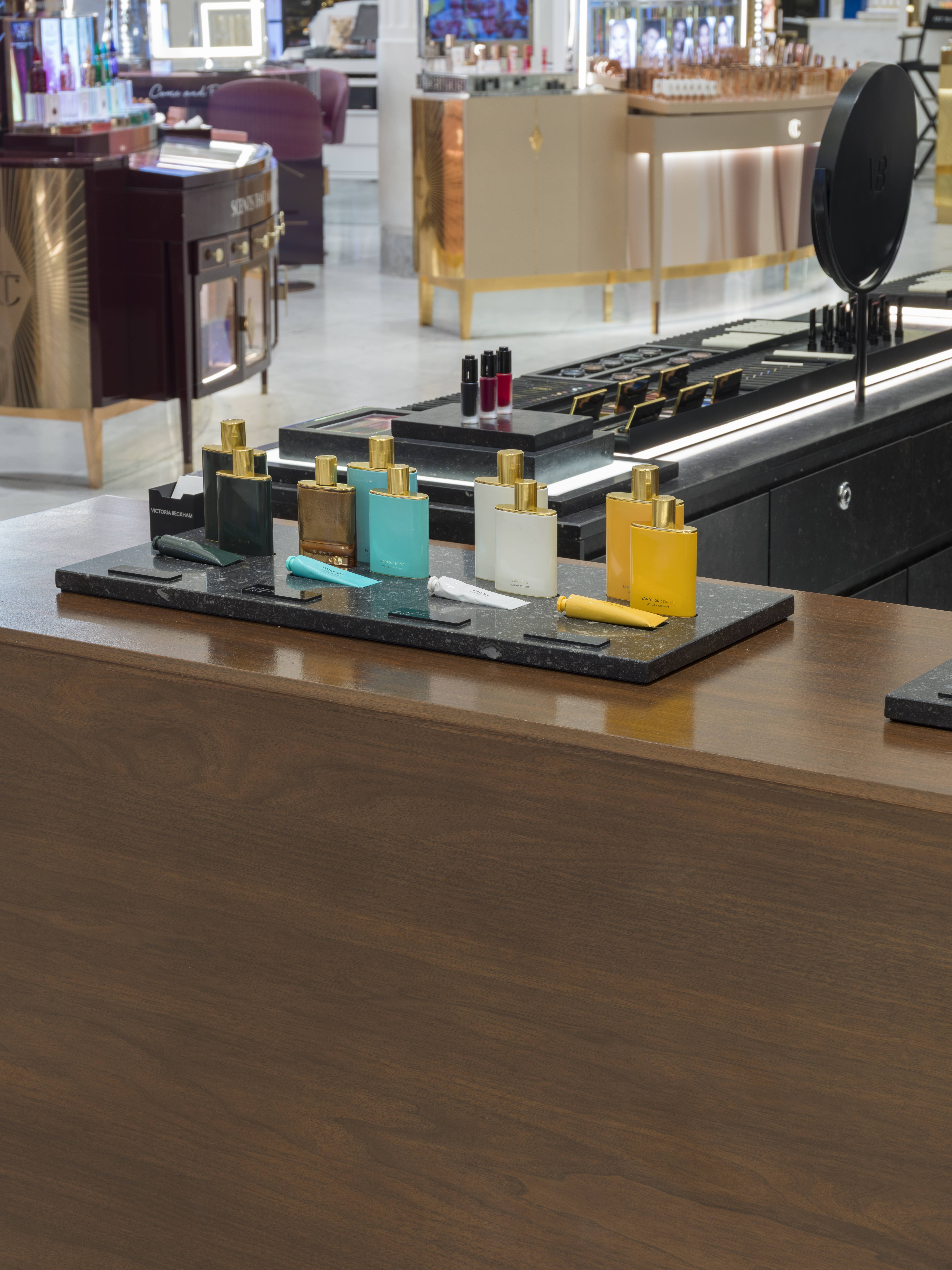 Victoria Beckham Beauty fragrance bottles on marble tray, Selfridges London, by SheridanCX