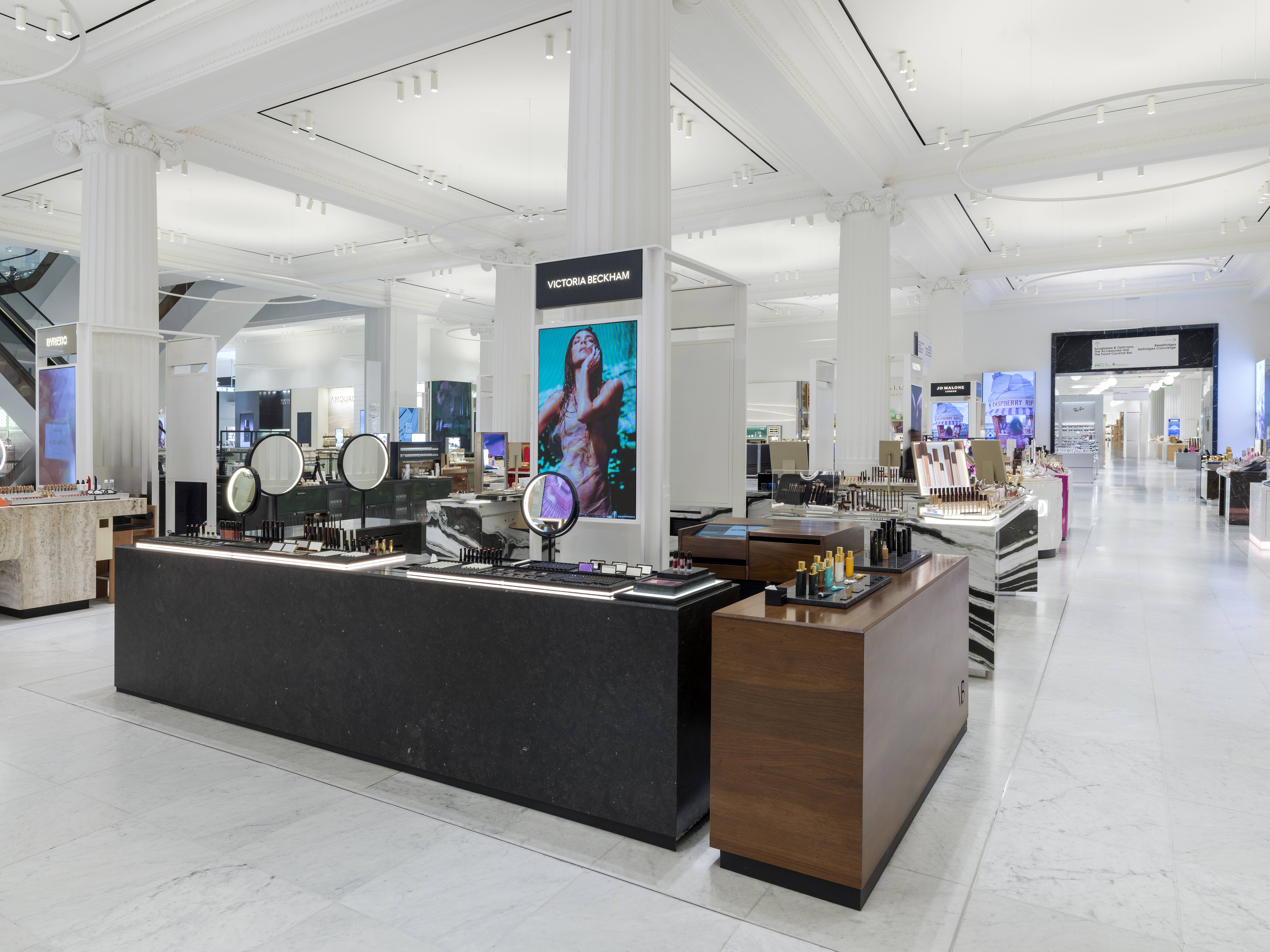 Victoria Beckham Beauty black stone make-up counter and lit mirrors, Selfridges London, by SheridanCX