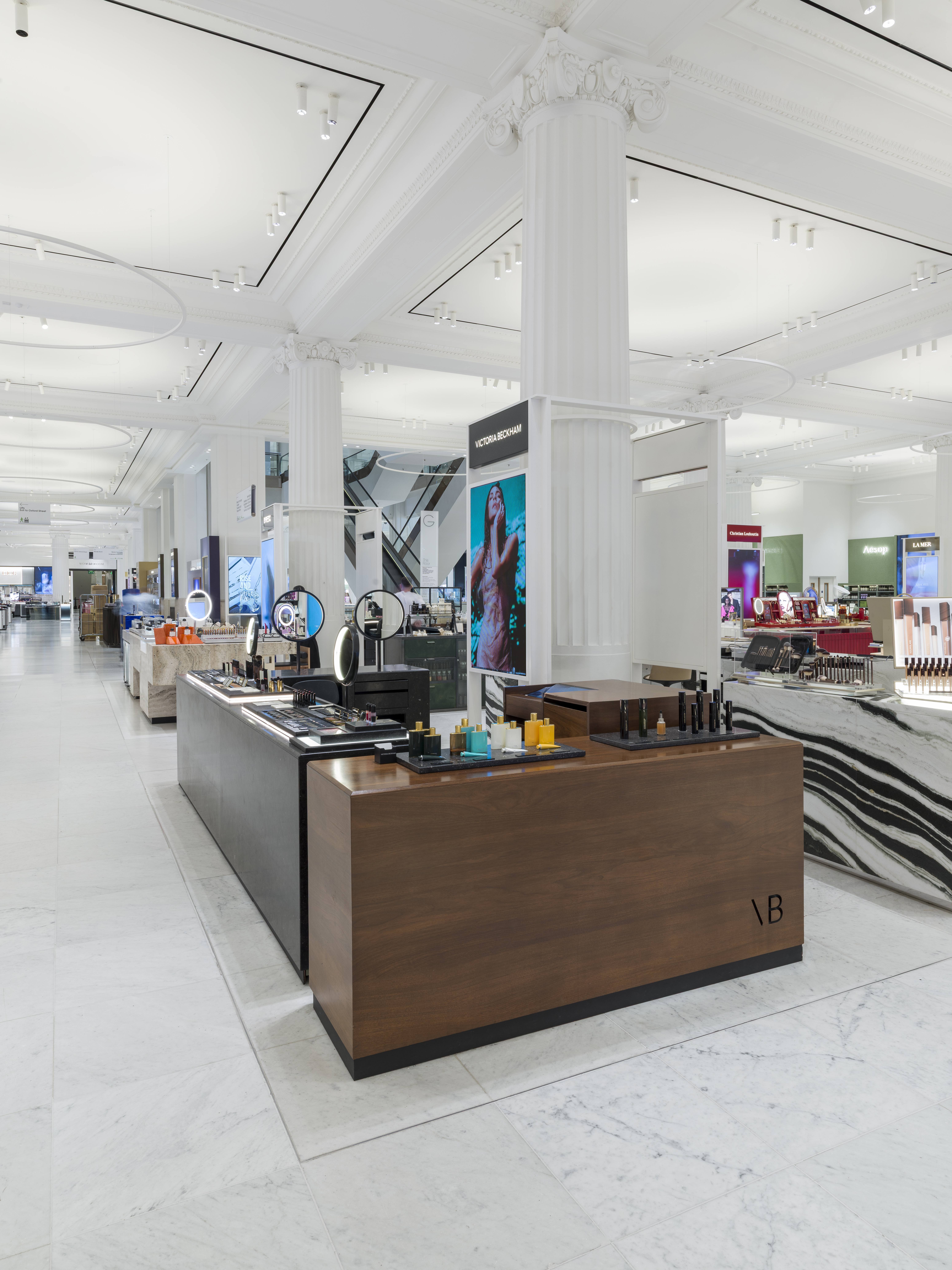 Victoria Beckham Beauty walnut fragrance counter and marble plinth, Selfridges London, by SheridanCX